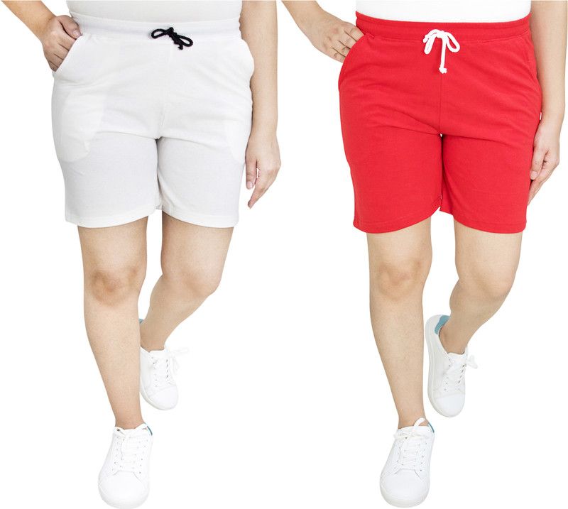 Pack of 2 Solid Women White, Red Sports Shorts