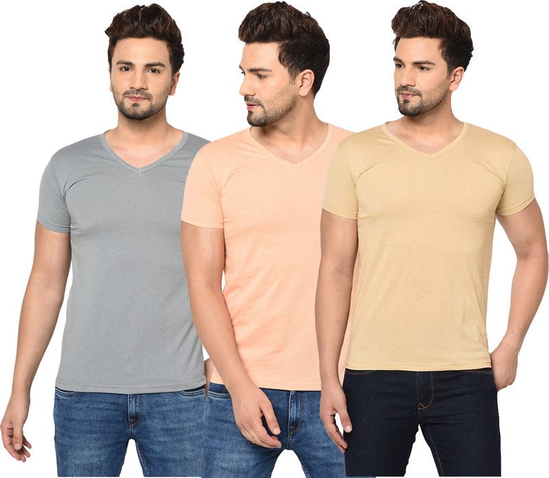 Pack of 3 V neck Combo T-shirts Multicolor Men Solid V Neck Cotton Blend Orange, Grey, Beige T-Shirt