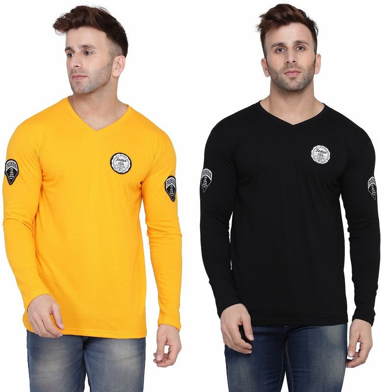 Pack of 2 Men Solid V Neck Cotton Blend Black, Yellow T-Shirt