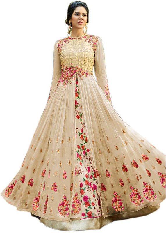 Embroidered Silk Blend Semi Stitched Anarkali Gown  (Beige)