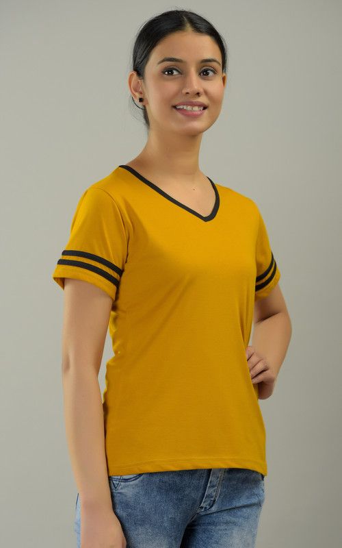 Women Solid V Neck Cotton Blend Yellow T-Shirt