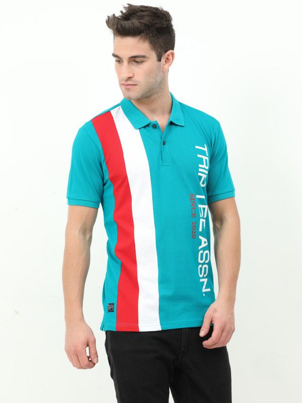 Men Colorblock Polo Neck Pure Cotton Light Blue, Red, White T-Shirt