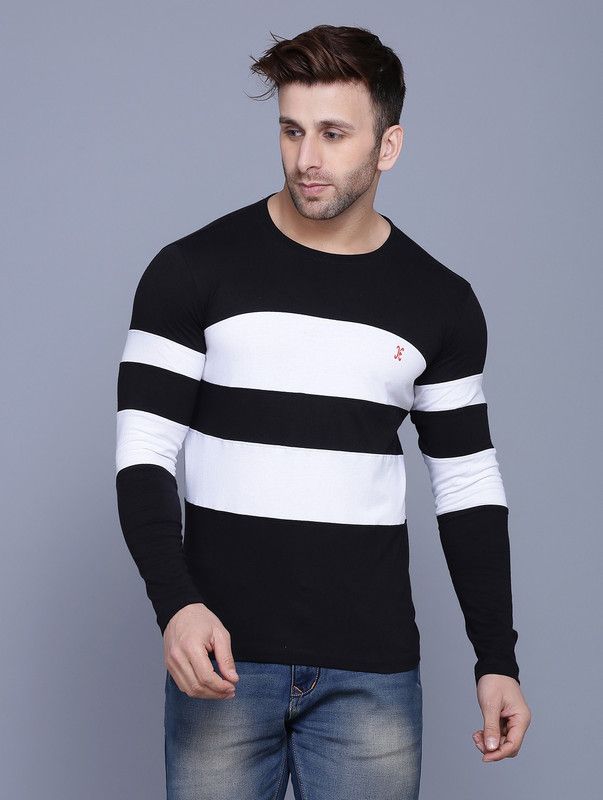 Men Colorblock Round Neck Cotton Blend White, Black T-Shirt