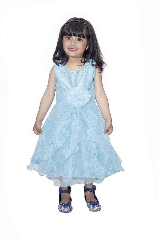 Girls Midi/Knee Length Festive/Wedding Dress  (Light Blue, Sleeveless)