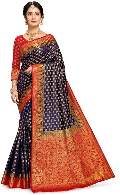 Woven Banarasi Jacquard Saree  (Dark Blue, Red)