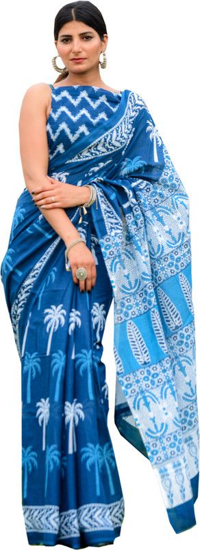 Printed, Blocked Printed Daily Wear Pure Cotton Saree  (Dark Blue)