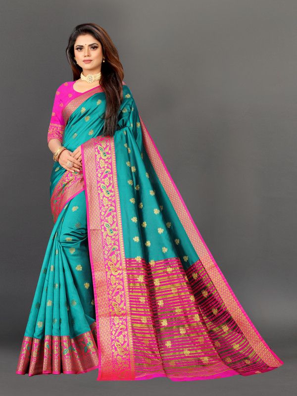 Woven Banarasi Cotton Blend Saree  (Light Blue, Pink)