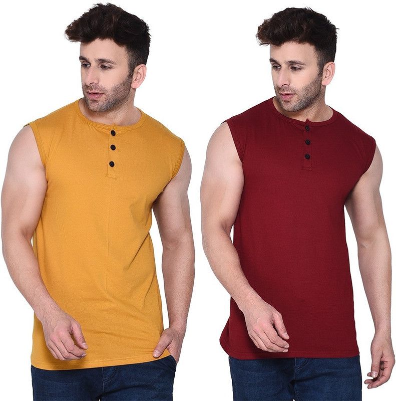 Pack of 2 Faizaan Men Solid Round Neck Cotton Blend Gold, Maroon T-Shirt