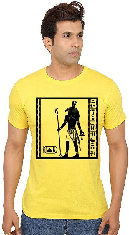 Ancient Gods Egyptian Men Printed Round Neck Pure Cotton Yellow T-Shirt
