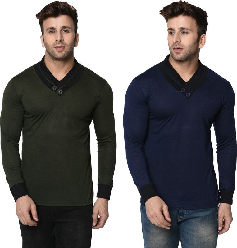 Pack of 2 Men Colorblock Shawl Neck Cotton Blend Dark Blue, Dark Green T-Shirt