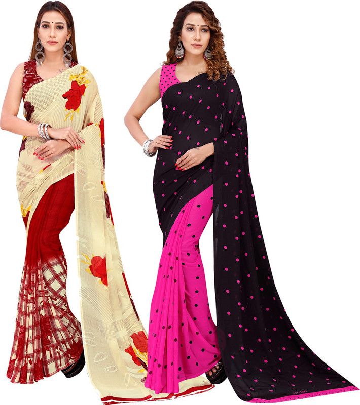 Floral Print Daily Wear Georgette Saree  (Pack of 2, Multicolor, Pink, Cream)