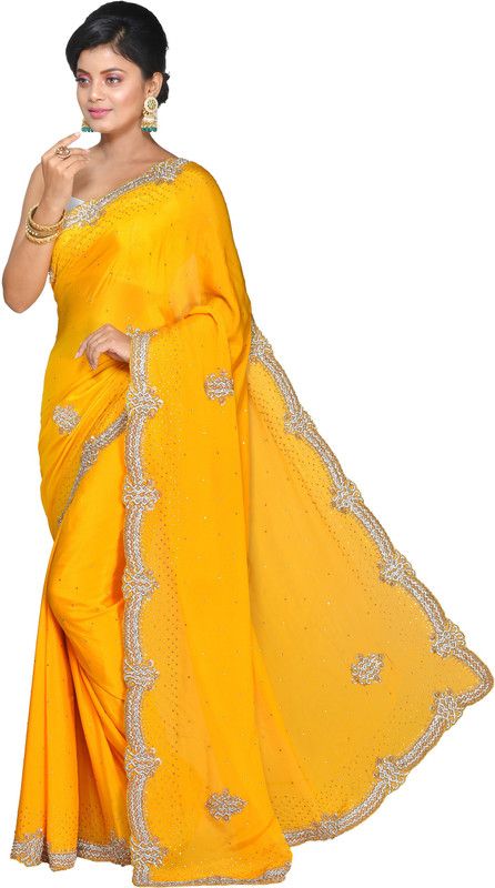 Embroidered Bollywood Pure Cotton Saree  (Yellow)