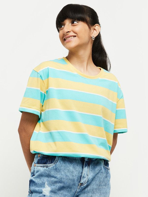 Girls Striped Pure Cotton T Shirt  (Yellow, Pack of 1)