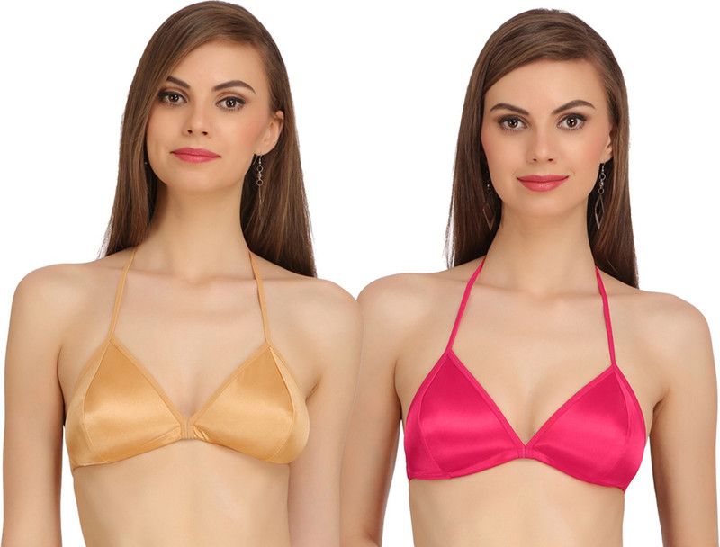 Pack of 2 Women Plunge Non Padded Bra  (Gold, Pink)