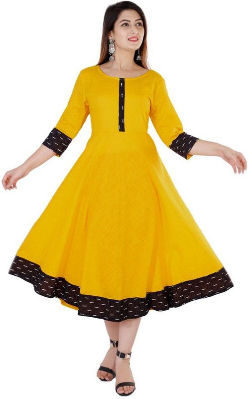 Pure Cotton Stitched Anarkali Gown  (Yellow)