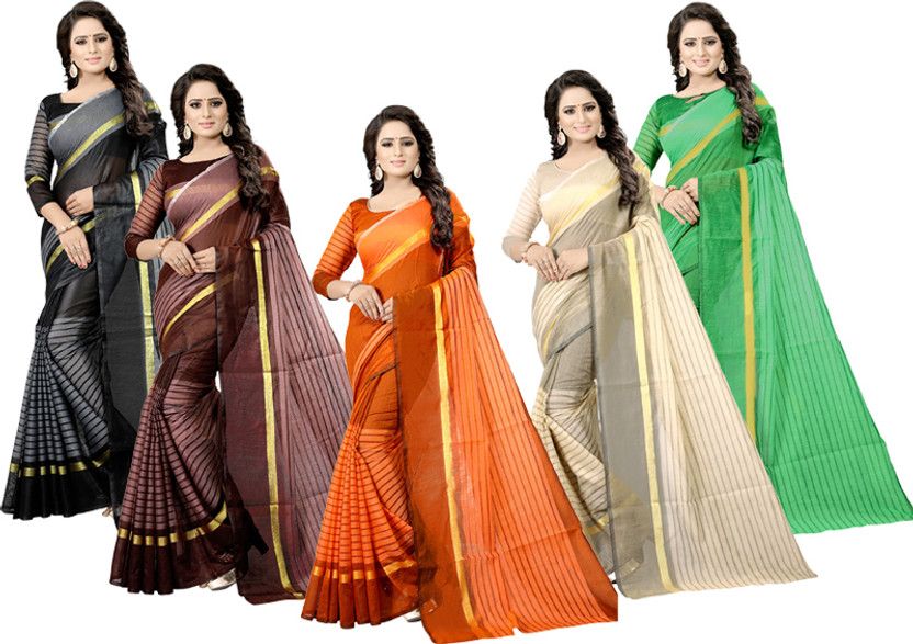 Striped Bollywood Cotton Silk Saree  (Pack of 5, Multicolor)