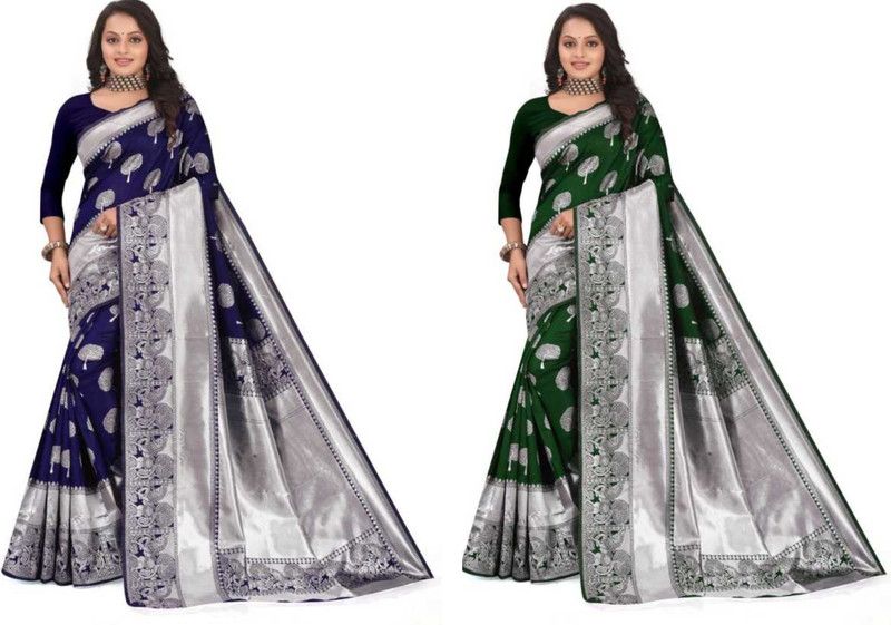 Woven Kanjivaram Cotton Silk Saree  (Pack of 2, Dark Blue, Dark Green)