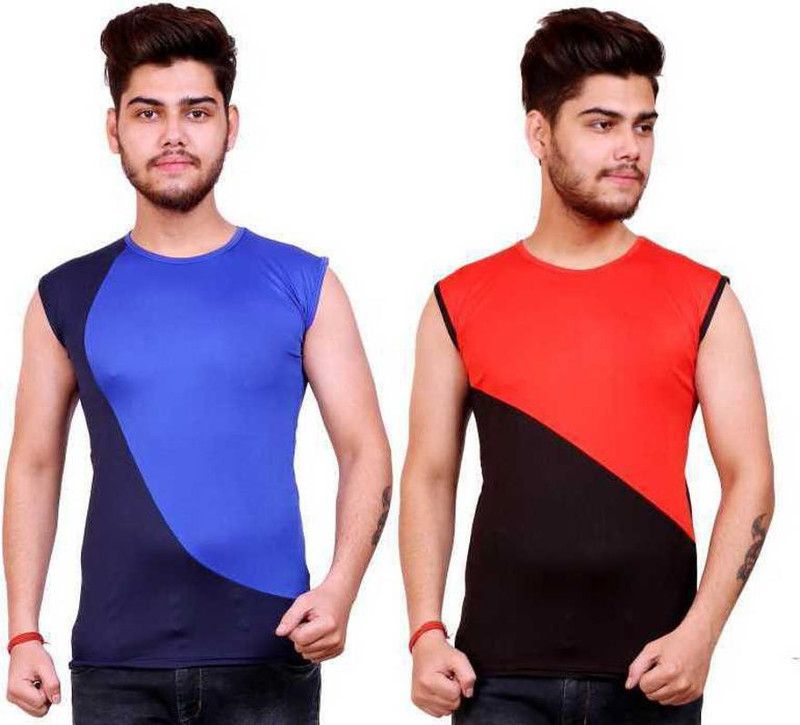 Pack of 2 Men Striped Round Neck Polyester Multicolor T-Shirt