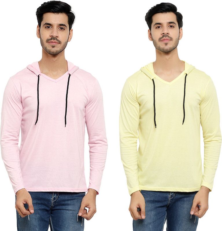 Pack of 2 HMT Men Solid Hooded Neck Cotton Blend Pink, Yellow T-Shirt
