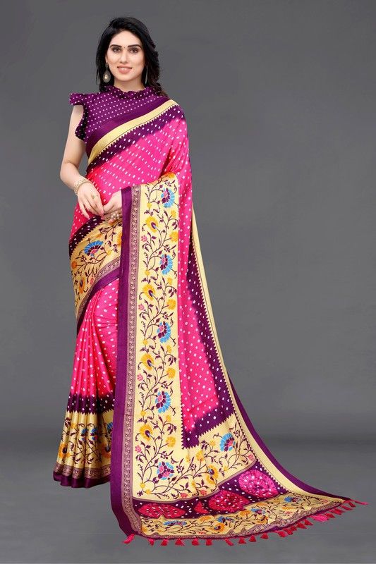 Floral Print Bandhani Silk Blend Saree  (Pink)