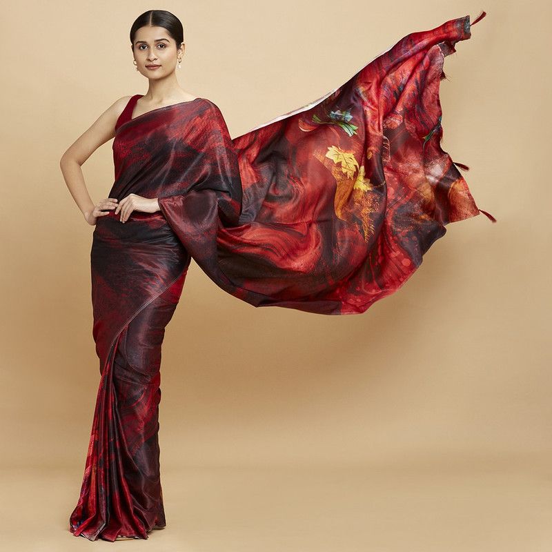 Printed Bollywood Satin Saree  (Maroon)