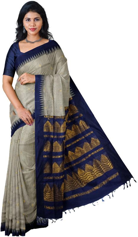 Woven Gadwal Cotton Silk Saree  (Grey, Blue)