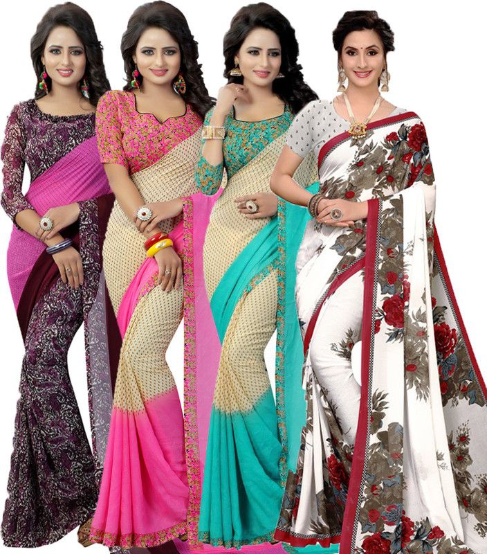 Printed Bollywood Georgette Saree  (Pack of 4, Purple, White, Maroon, Pink, Light Green)