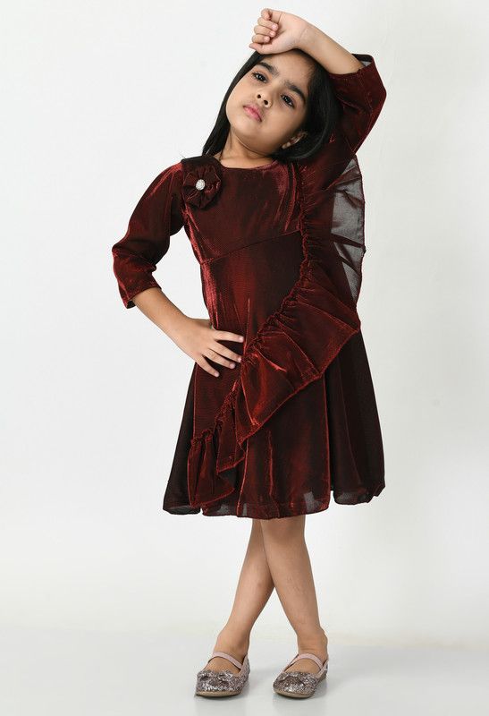 Girls Midi/Knee Length Party Dress  (Maroon, 3/4 Sleeve)
