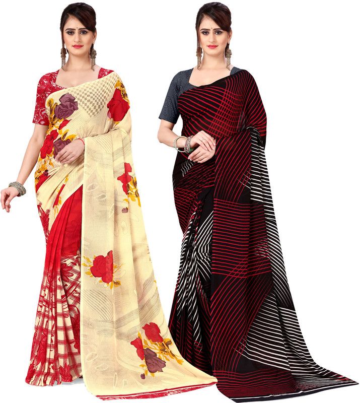 Printed, Ombre, Floral Print Daily Wear Georgette Saree  (Pack of 2, Red, White, Black, Cream)