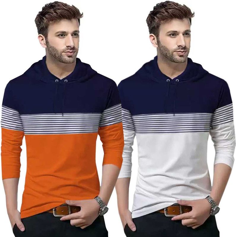 Pack of 2 Men Striped Hooded Neck Cotton Blend White, Blue, Orange T-Shirt