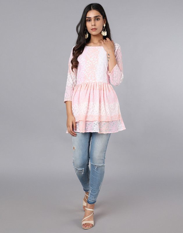Party Regular Sleeves Printed Women White, Pink Top
