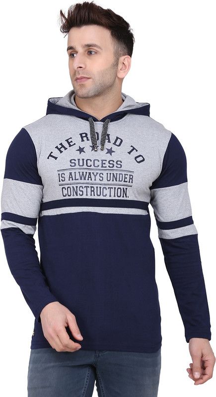Men Printed Hooded Neck Pure Cotton Dark Blue T-Shirt