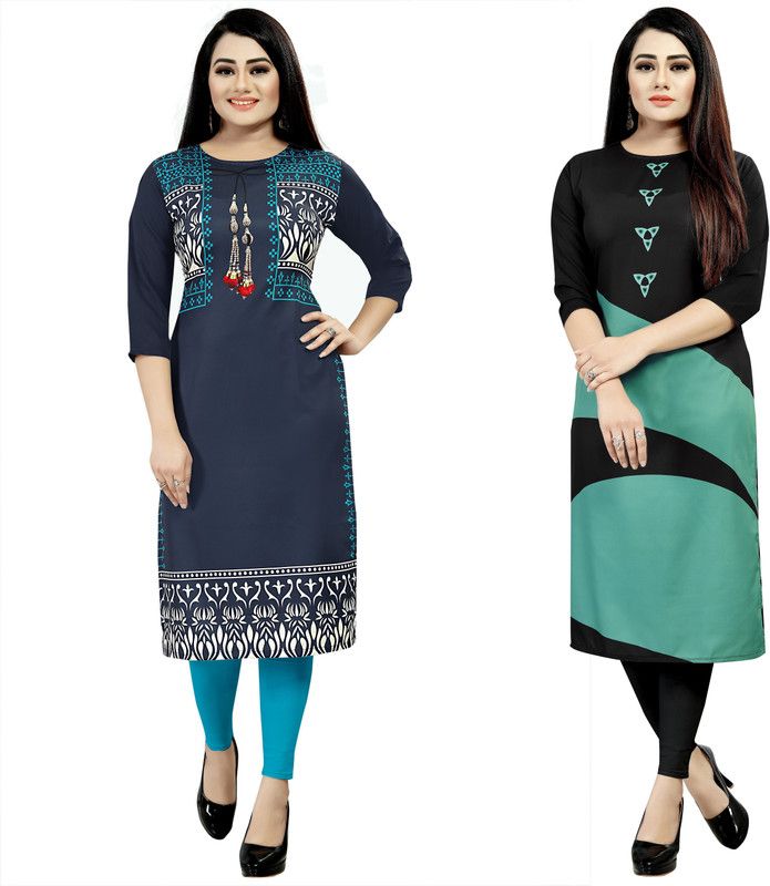 Pack of 2 Women Printed Crepe Straight Kurta  (Dark Blue, Light Blue, Green, Black)