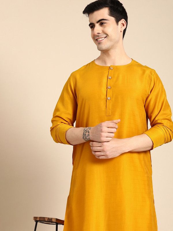 Men Solid Polyester Straight Kurta  (Yellow)