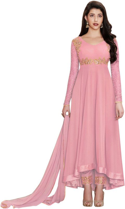 Semi Stitched Georgette Gown/Anarkali Kurta & Bottom Material Solid, Embroidered