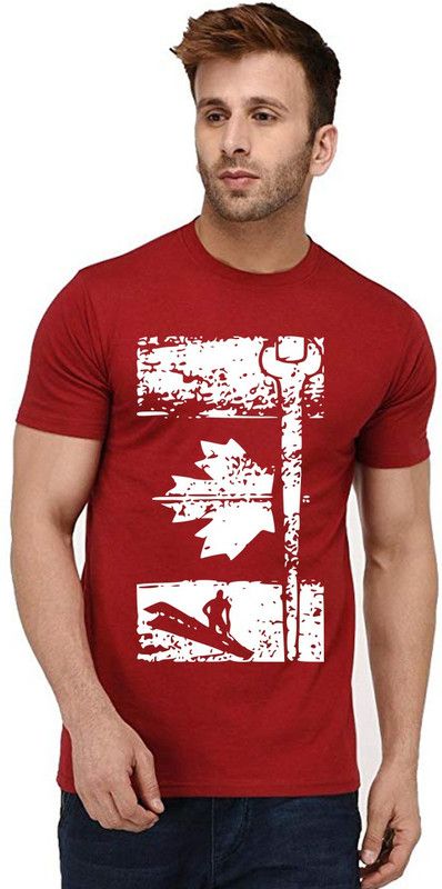 Canadian Style Men Graphic Print Round Neck Pure Cotton Red T-Shirt
