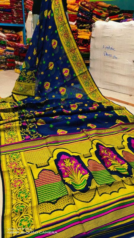 Polka Print Jamdani Cotton Silk Saree  (Dark Blue, Dark Green, Green, White, Blue, Black, Yellow)