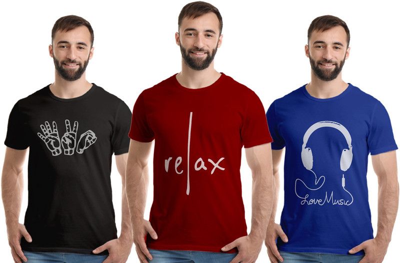 Pack of 3 Men Graphic Print Round Neck Pure Cotton Light Blue, Maroon, Black T-Shirt