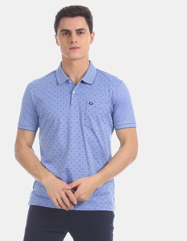 Men Printed Polo Neck Cotton Blend (230 gsm) Blue T-Shirt