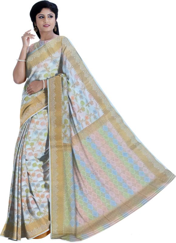 Woven Banarasi Nylon Saree  (Brown, Pink, Orange, Gold)