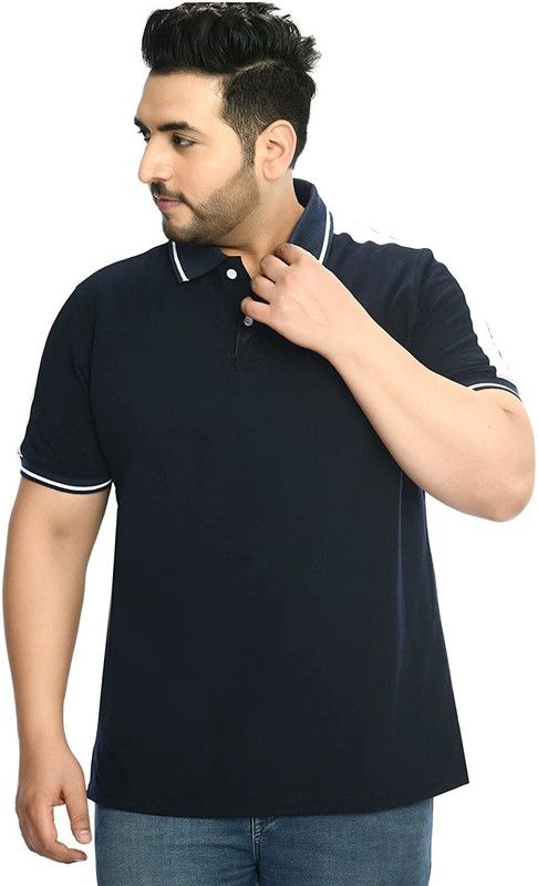 Men Colorblock Polo Neck Poly Cotton Navy Blue T-Shirt