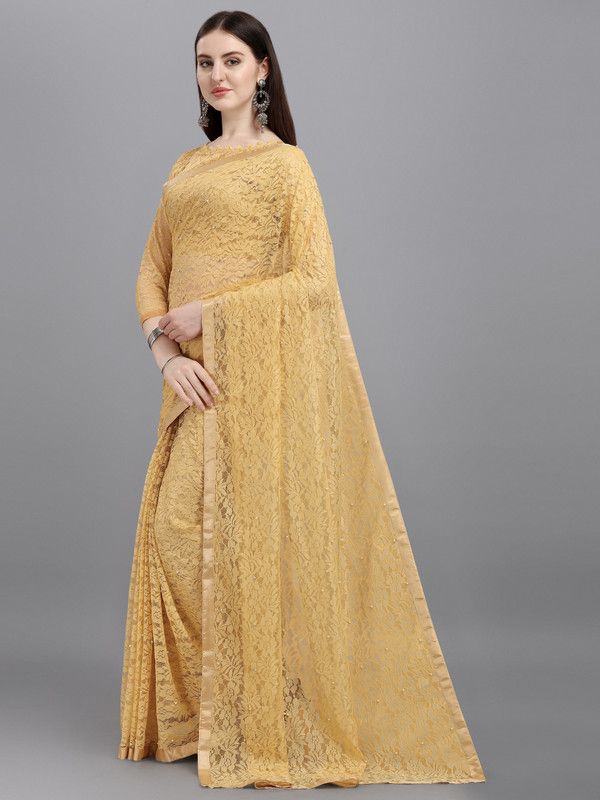 Self Design Fashion Net Saree  (Cream)