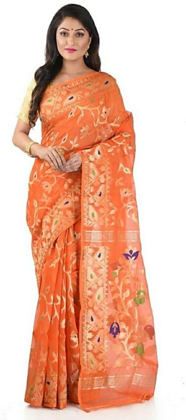 Self Design, Woven Jamdani Cotton Silk Saree  (Orange)