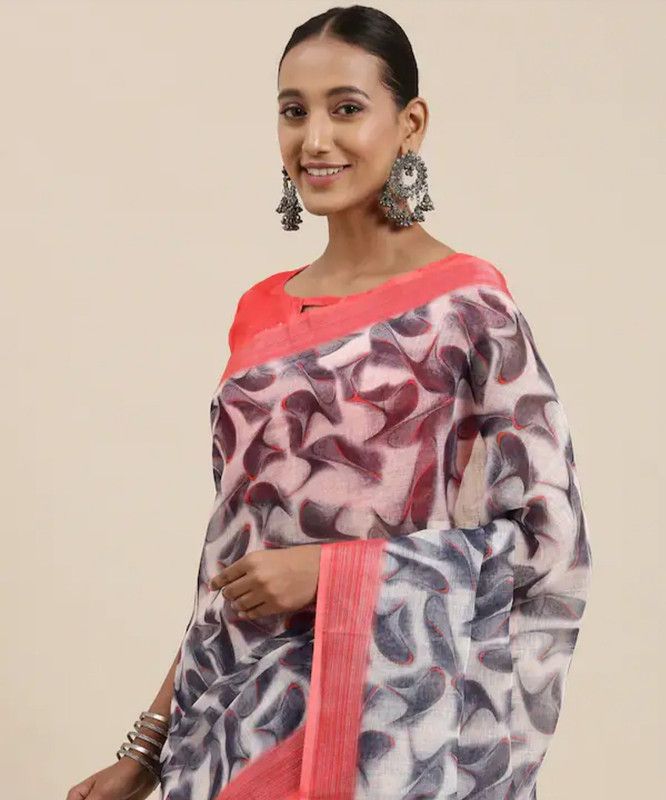 Floral Print Daily Wear Linen Saree  (Multicolor)