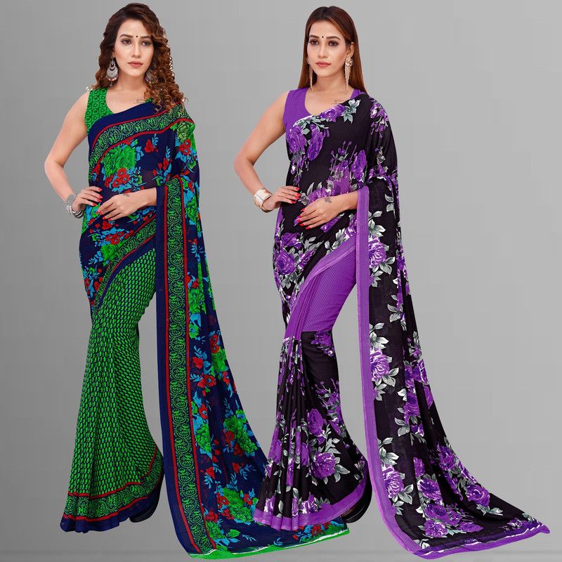 Floral Print Bollywood Georgette Saree  (Pack of 2, Purple, Green, Blue)
