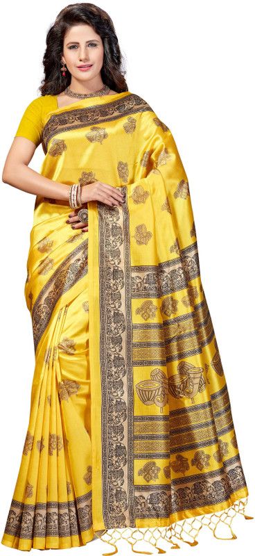 Graphic Print Bhagalpuri Art Silk Saree  (Gold, Yellow)