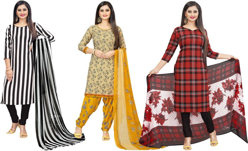 Unstitched Crepe Salwar Suit Material Solid, Checkered, Floral Print
