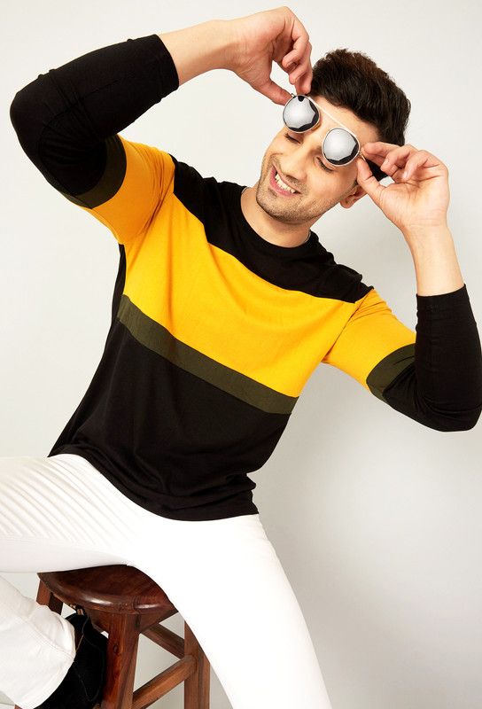 Men Colorblock Round Neck Cotton Blend Black, Yellow, Dark Green T-Shirt