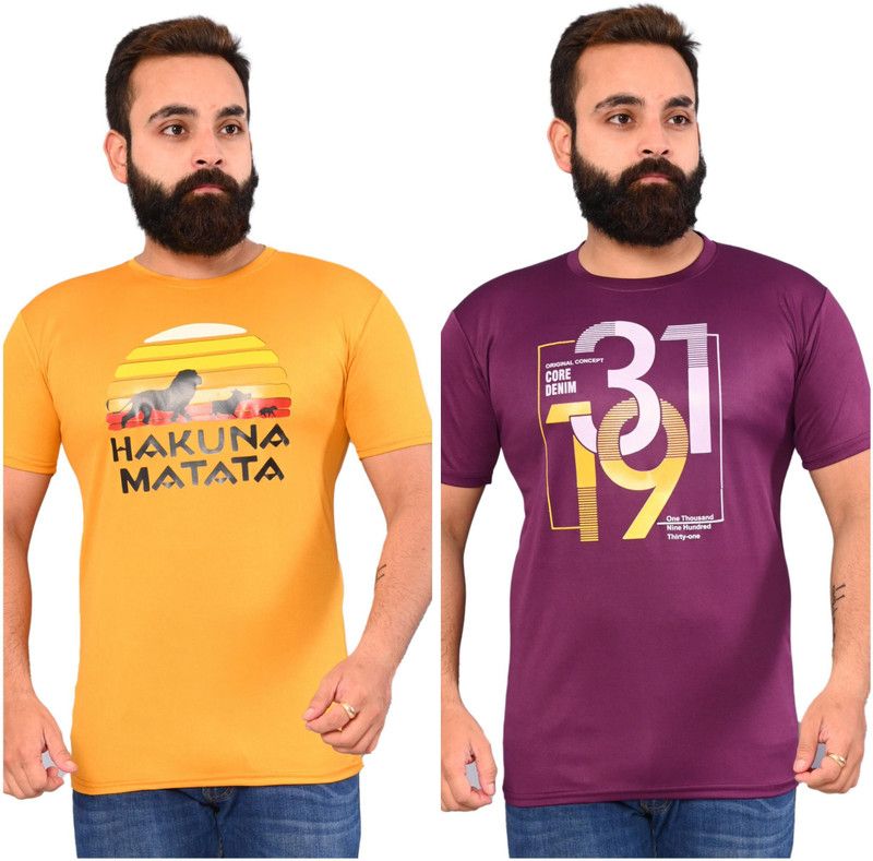 Pack of 2 Men Typography Round Neck Elastane Purple, Yellow T-Shirt