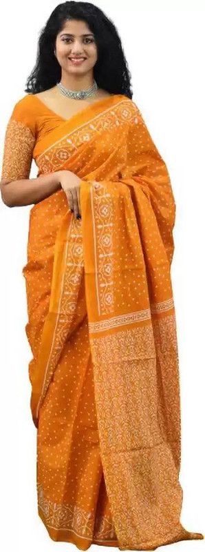 Printed, Color Block, Blocked Printed Ikkat Pure Cotton Saree  (Yellow)